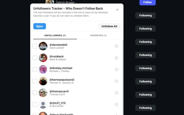 Extension results showing unfollowers